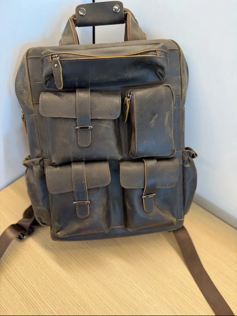 Men's Brown Leather Laptop Backpack with Multiple Organizer Pockets